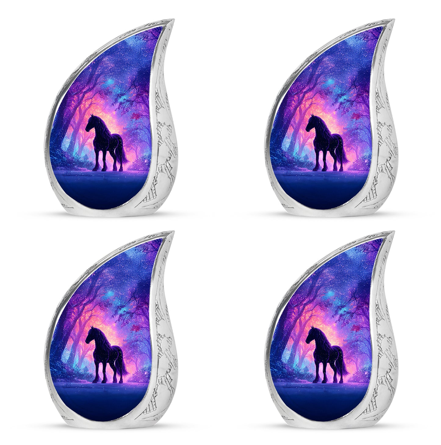 Soft Blue Horse Cremation Urn close-up of engraving and surface detail - graceful tear-shaped urn with horse motif - 10 inch aluminum urn for cremated remains