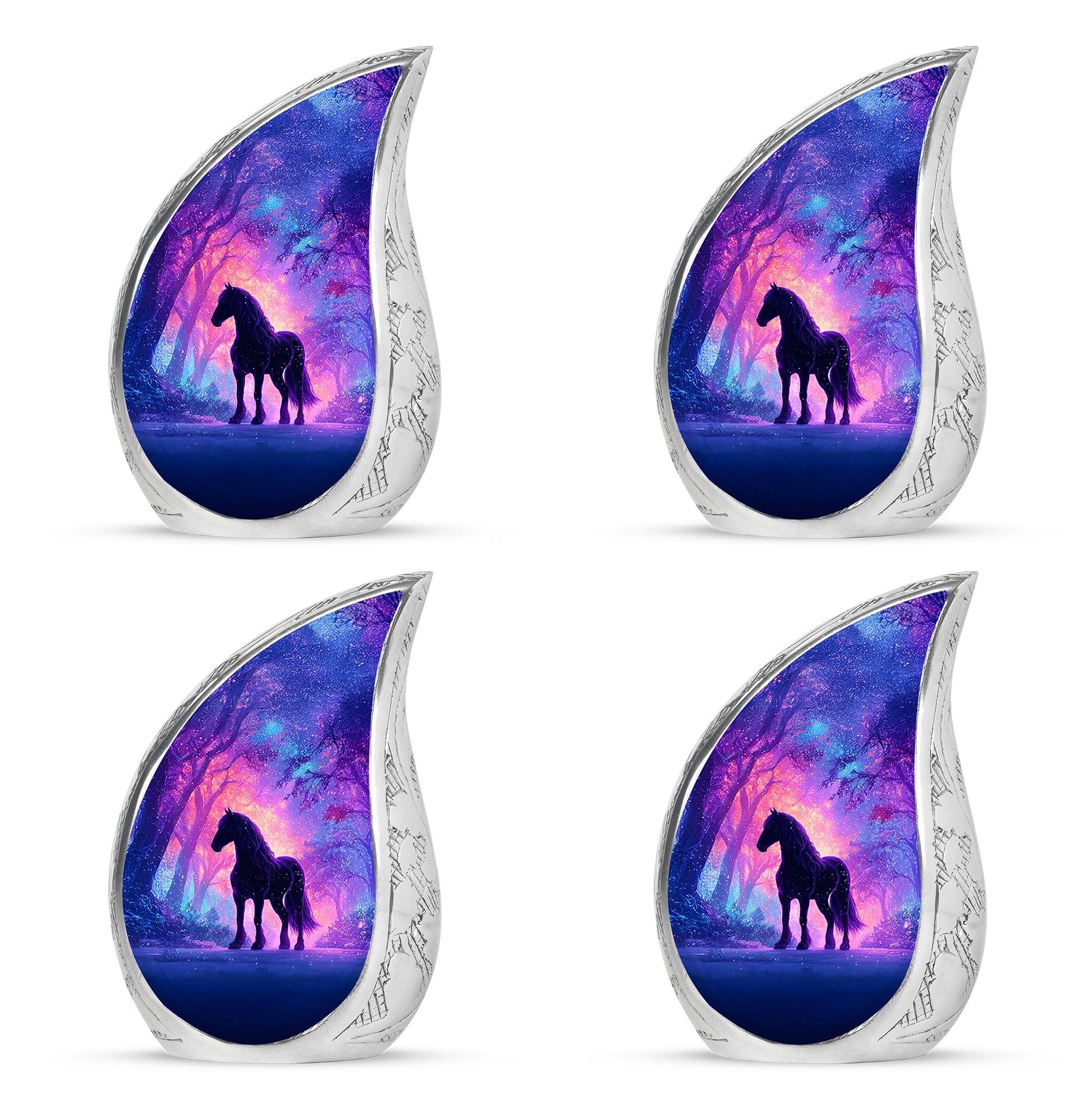 Soft Blue Horse Cremation Urn close-up of engraving and surface detail - graceful tear-shaped urn with horse motif - 10 inch aluminum urn for cremated remains