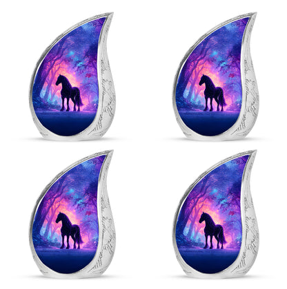 Soft Blue Horse Cremation Urn close-up of engraving and surface detail - graceful tear-shaped urn with horse motif - 10 inch aluminum urn for cremated remains