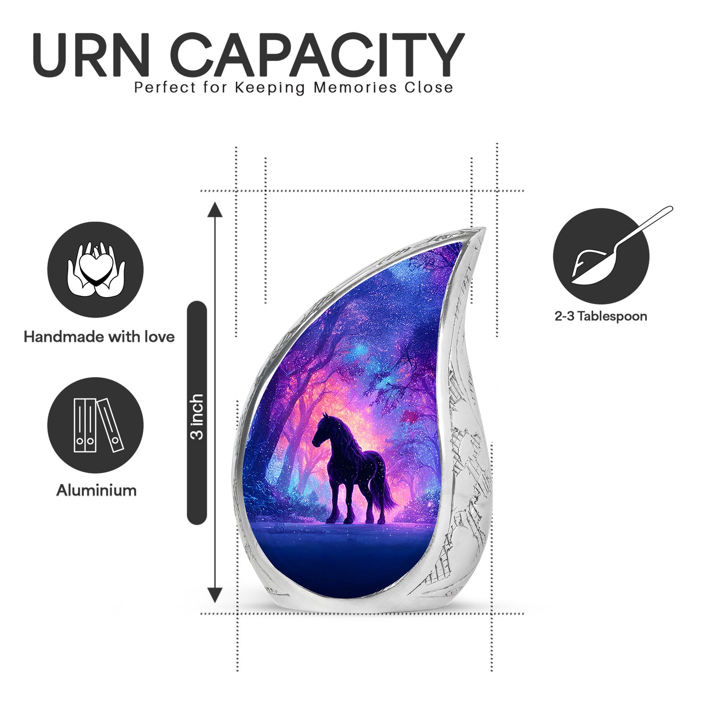 Sky Blue Horse Cremation Urn angled view of lid and engraved motif - rounded teardrop horse design with delicate detail - mini keepsake memorial for portion of cremation ashes