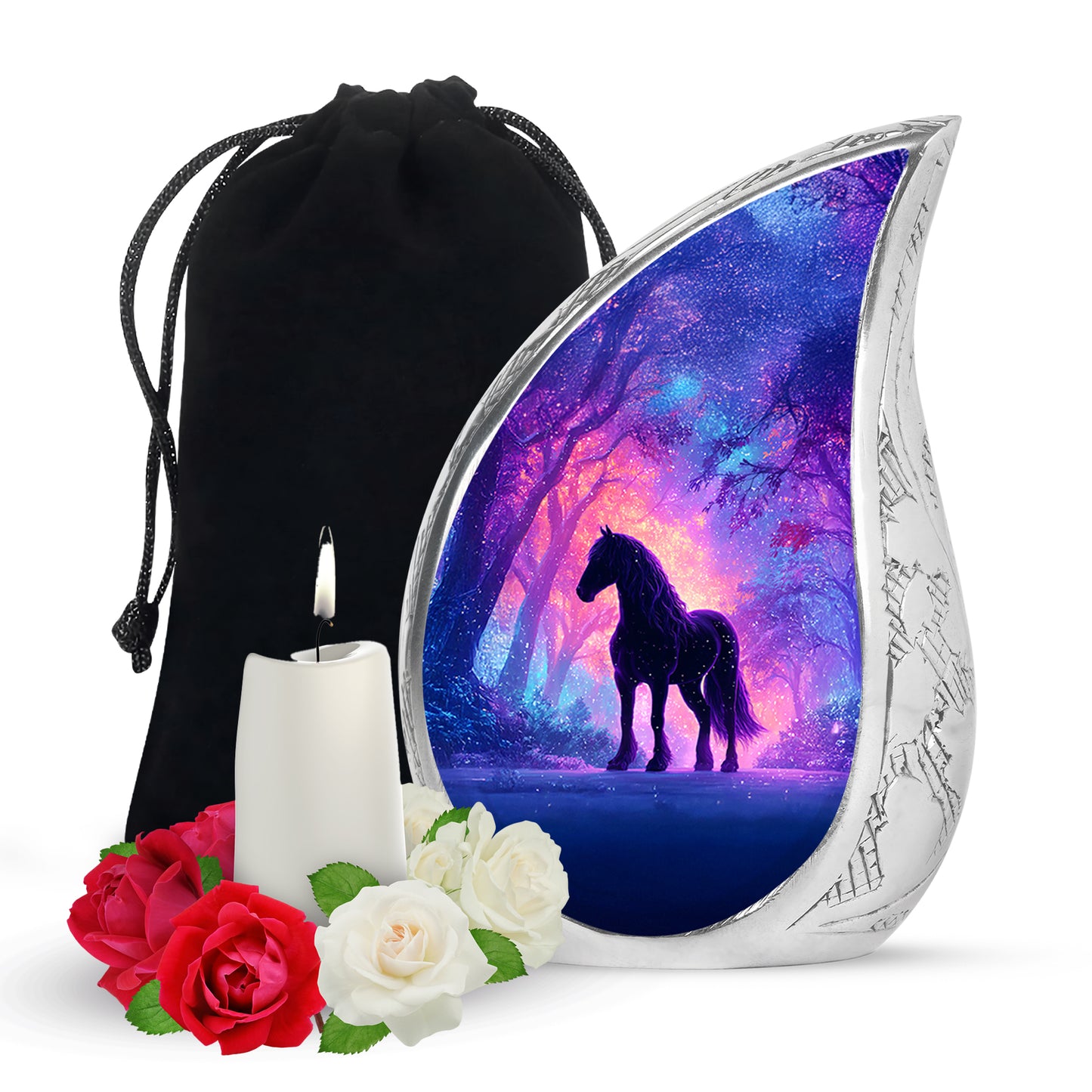 Vivid Blue Horse Cremation Urn front view showing detailed design - smooth teardrop contour featuring horse art - full-size 10 inch 200 cubic inch adult cremation urn