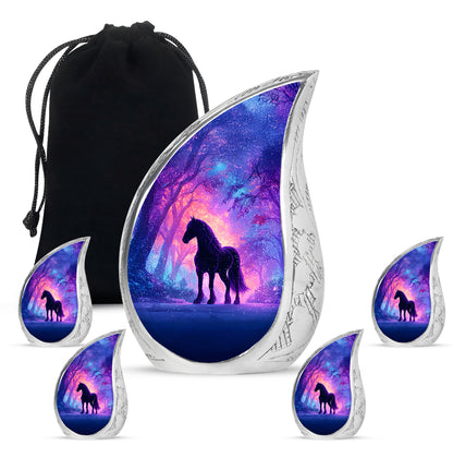 Calming Blue Horse Cremation Urn side profile showing urn shape - graceful tear-shaped urn with horse motif - memorial set with one large and four small urns