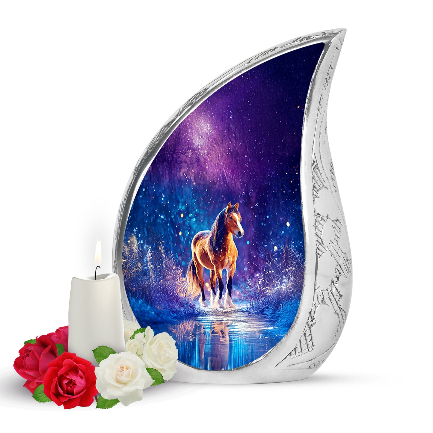Personalized Blue Steadfast Horse Cremation Urns for Human Ashes - 10-inch, 200 cu in - Yatskia