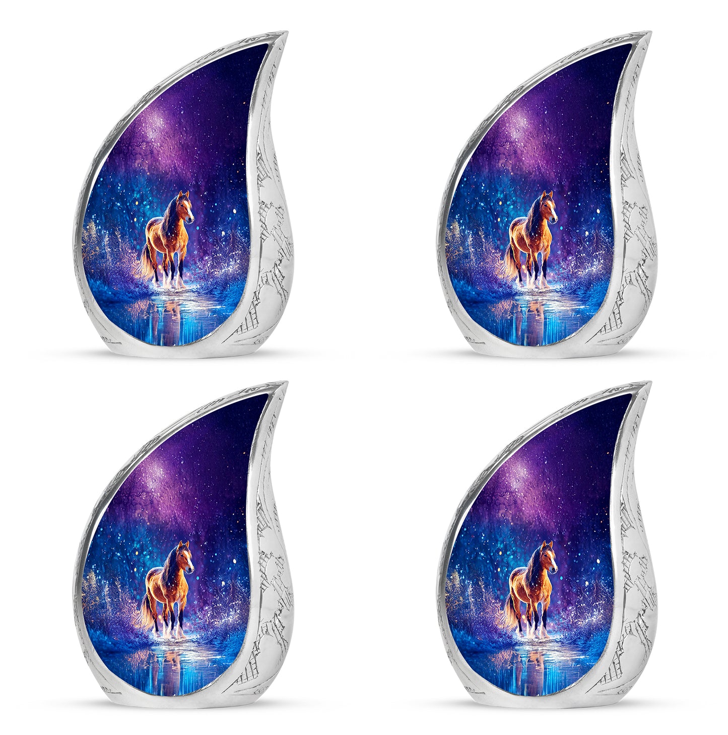 Serene Blue Horse Cremation Urn close-up of engraving and surface detail - smooth teardrop contour featuring horse art - 10 inch aluminum urn for cremated remains