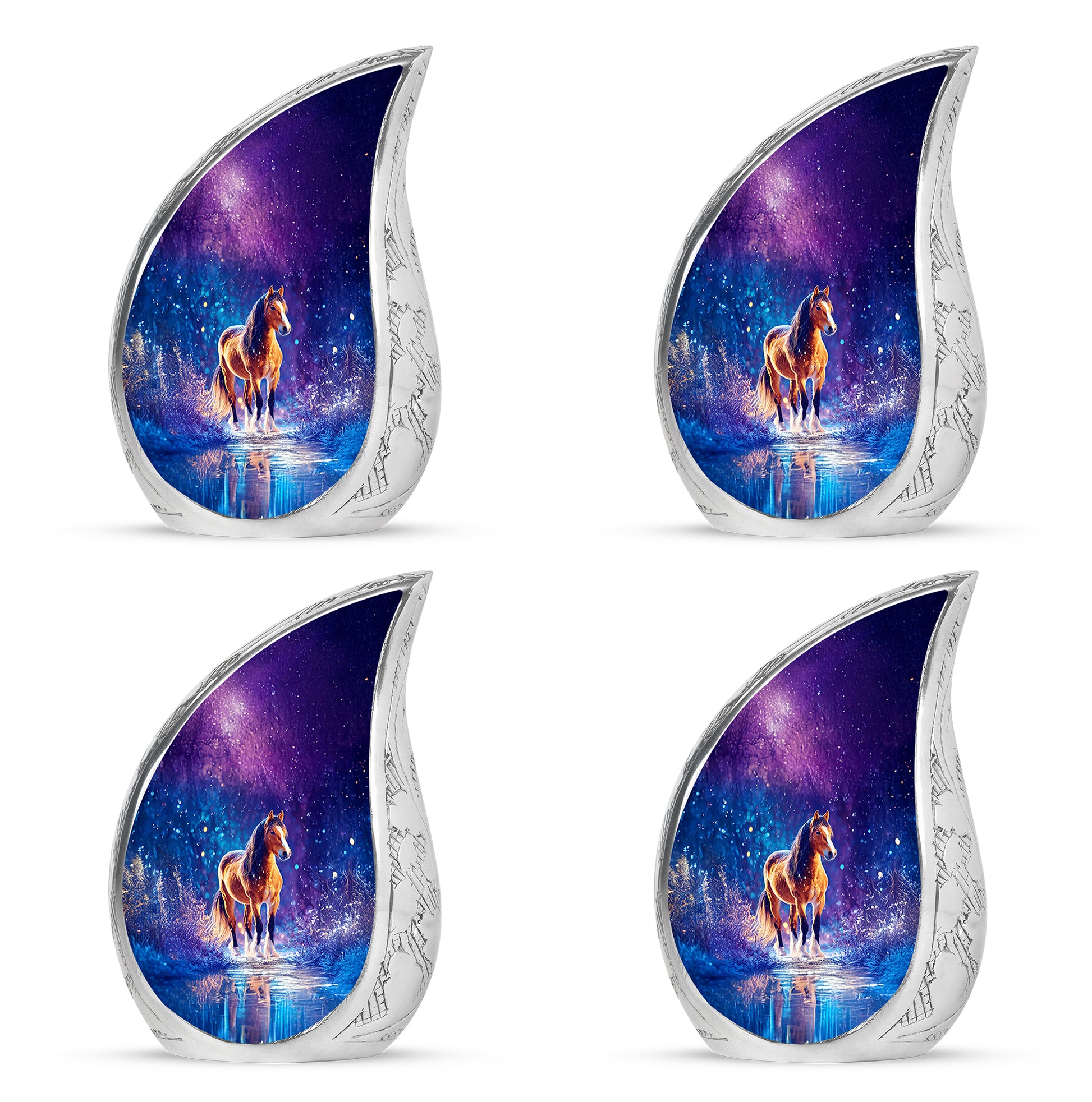 Serene Blue Horse Cremation Urn close-up of engraving and surface detail - smooth teardrop contour featuring horse art - 10 inch aluminum urn for cremated remains