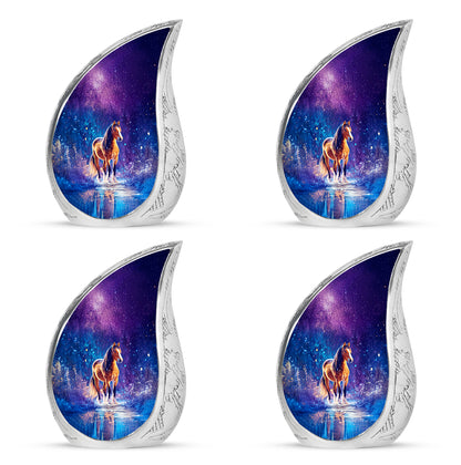 Serene Blue Horse Cremation Urn close-up of engraving and surface detail - smooth teardrop contour featuring horse art - 10 inch aluminum urn for cremated remains