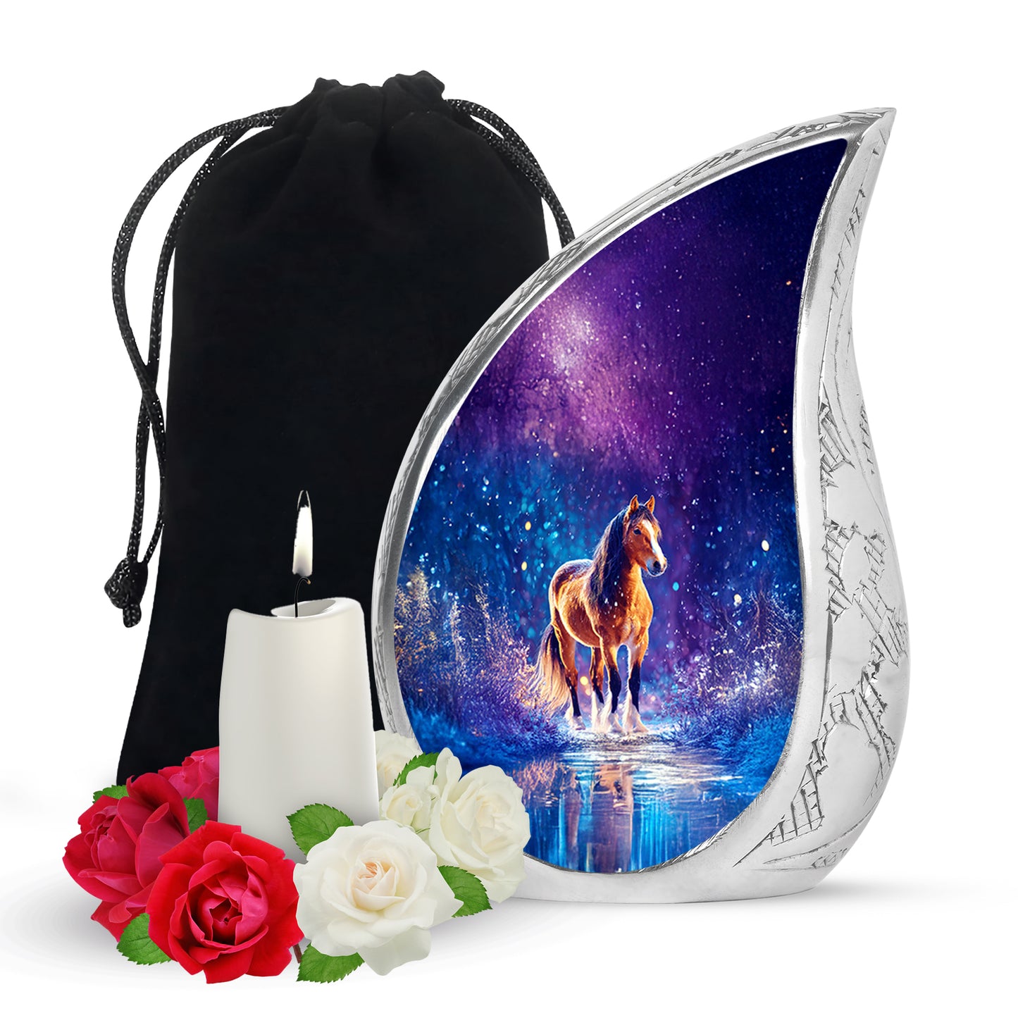 Cornflower Blue Horse Cremation Urn front view showing detailed design - graceful tear-shaped urn with horse motif - full-size 10 inch 200 cubic inch adult cremation urn