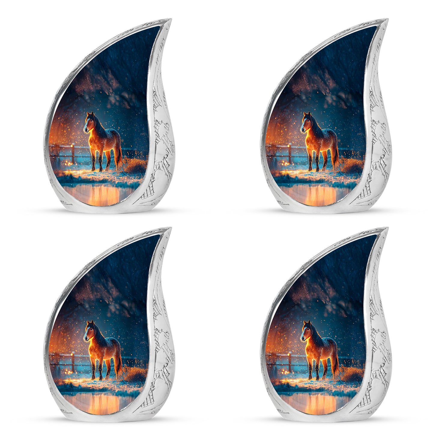Cornflower Blue Horse Cremation Urn close-up of engraving and surface detail - smooth teardrop contour featuring horse art - 10 inch aluminum urn for cremated remains