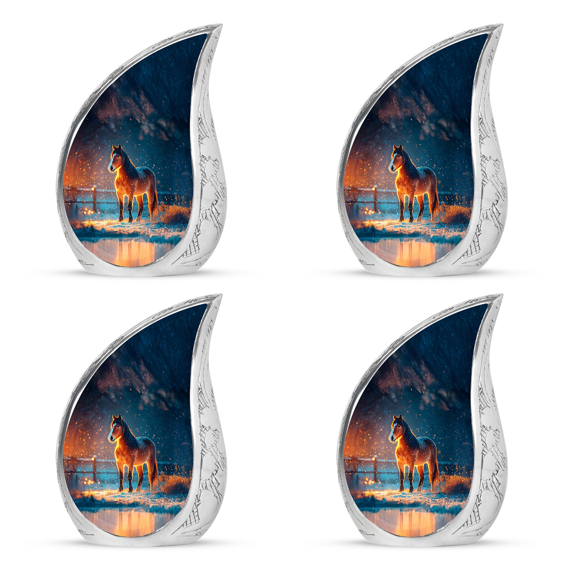 Cornflower Blue Horse Cremation Urn close-up of engraving and surface detail - smooth teardrop contour featuring horse art - 10 inch aluminum urn for cremated remains
