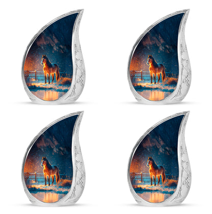 Cornflower Blue Horse Cremation Urn close-up of engraving and surface detail - smooth teardrop contour featuring horse art - 10 inch aluminum urn for cremated remains