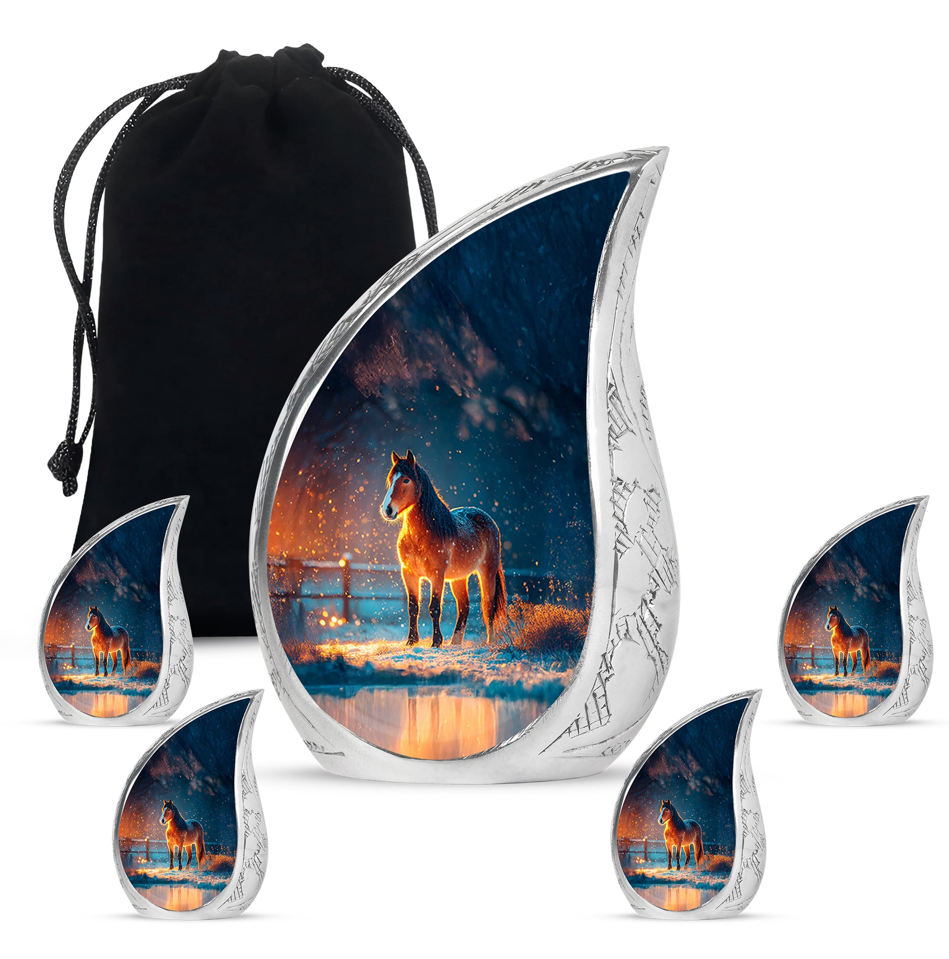 Slate Blue Horse Cremation Urn side profile showing urn shape - flowing teardrop horse silhouette on curved aluminum - memorial set with one large and four small urns
