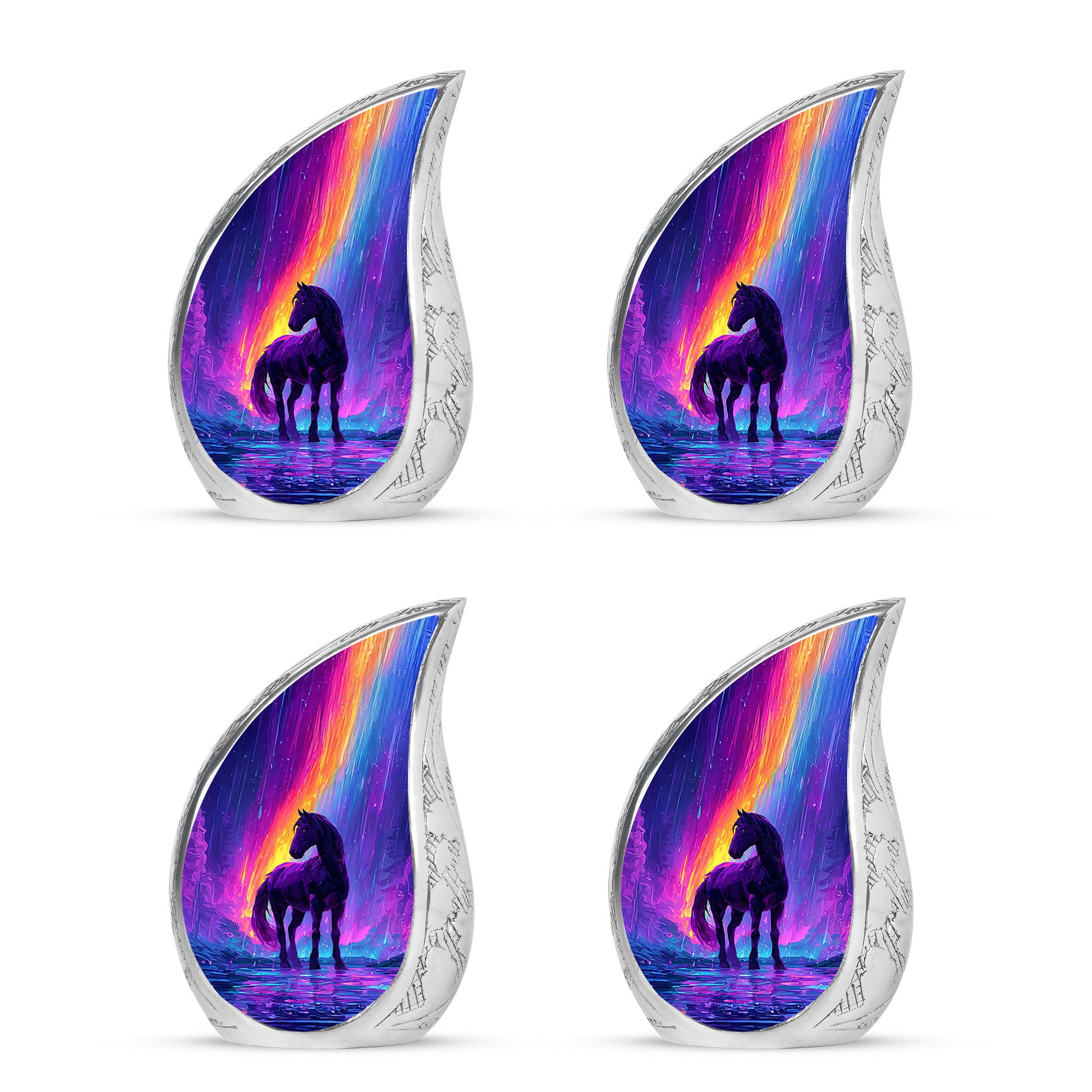 Pastel Blue Horse Cremation Urn close-up of engraving and surface detail - flowing teardrop horse silhouette on curved aluminum - 10 inch aluminum urn for cremated remains