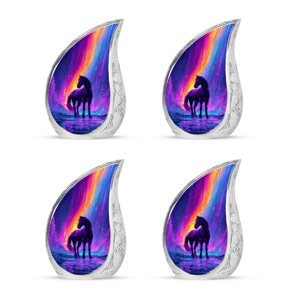 Pastel Blue Horse Cremation Urn close-up of engraving and surface detail - flowing teardrop horse silhouette on curved aluminum - 10 inch aluminum urn for cremated remains