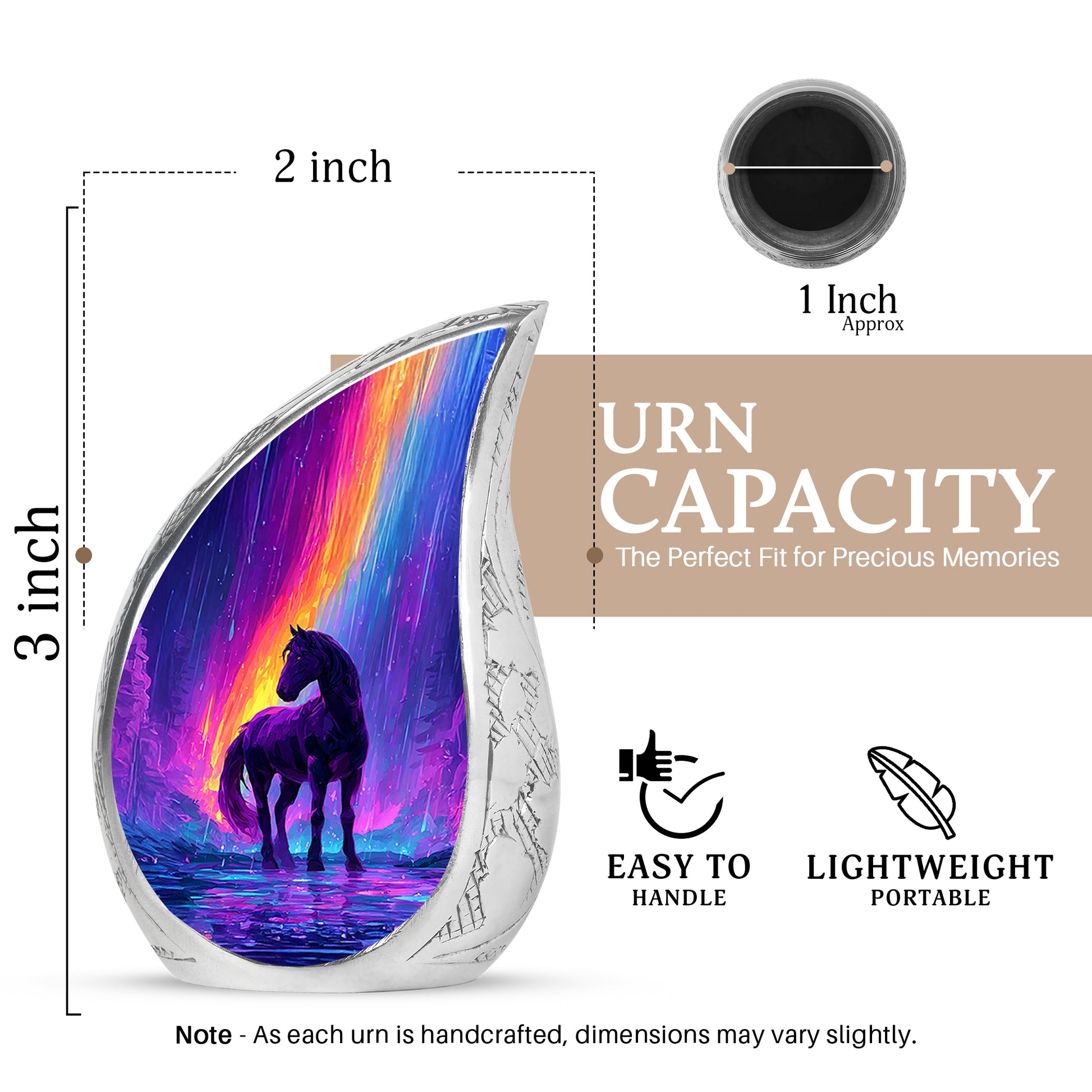 Twilight Blue Horse Cremation Urn angled view of lid and engraved motif - smooth teardrop contour featuring horse art - mini keepsake memorial for portion of cremation ashes