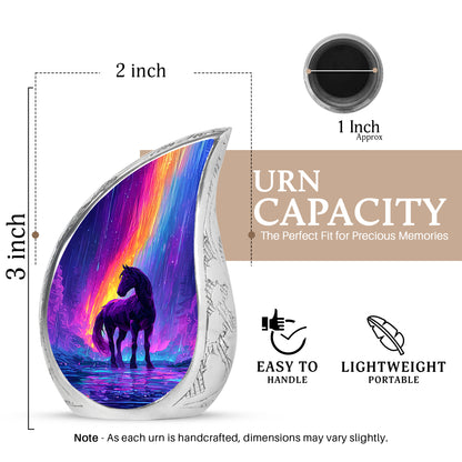 Twilight Blue Horse Cremation Urn angled view of lid and engraved motif - smooth teardrop contour featuring horse art - mini keepsake memorial for portion of cremation ashes