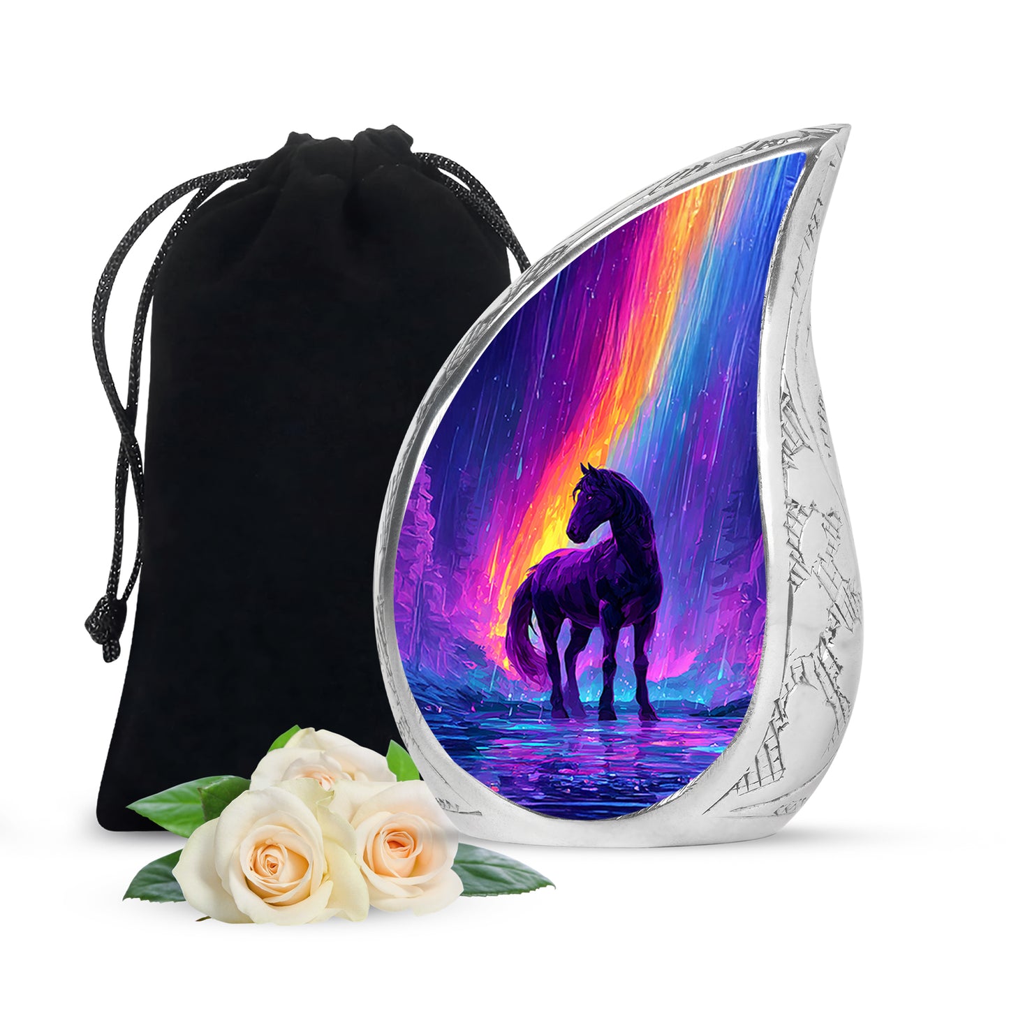 Vivid Blue Horse Cremation Urn front view showing detailed design - graceful tear-shaped urn with horse motif - full-size 10 inch 200 cubic inch adult cremation urn