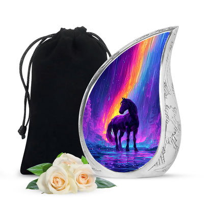 Vivid Blue Horse Cremation Urn front view showing detailed design - graceful tear-shaped urn with horse motif - full-size 10 inch 200 cubic inch adult cremation urn