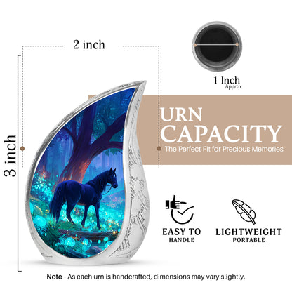 Powder Blue Horse Cremation Urn angled view of lid and engraved motif - flowing teardrop horse silhouette on curved aluminum - mini keepsake memorial for portion of cremation ashes