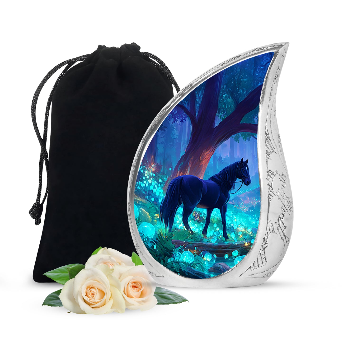 Cobalt Blue Horse Cremation Urn front view showing detailed design - smooth teardrop contour featuring horse art - full-size 10 inch 200 cubic inch adult cremation urn