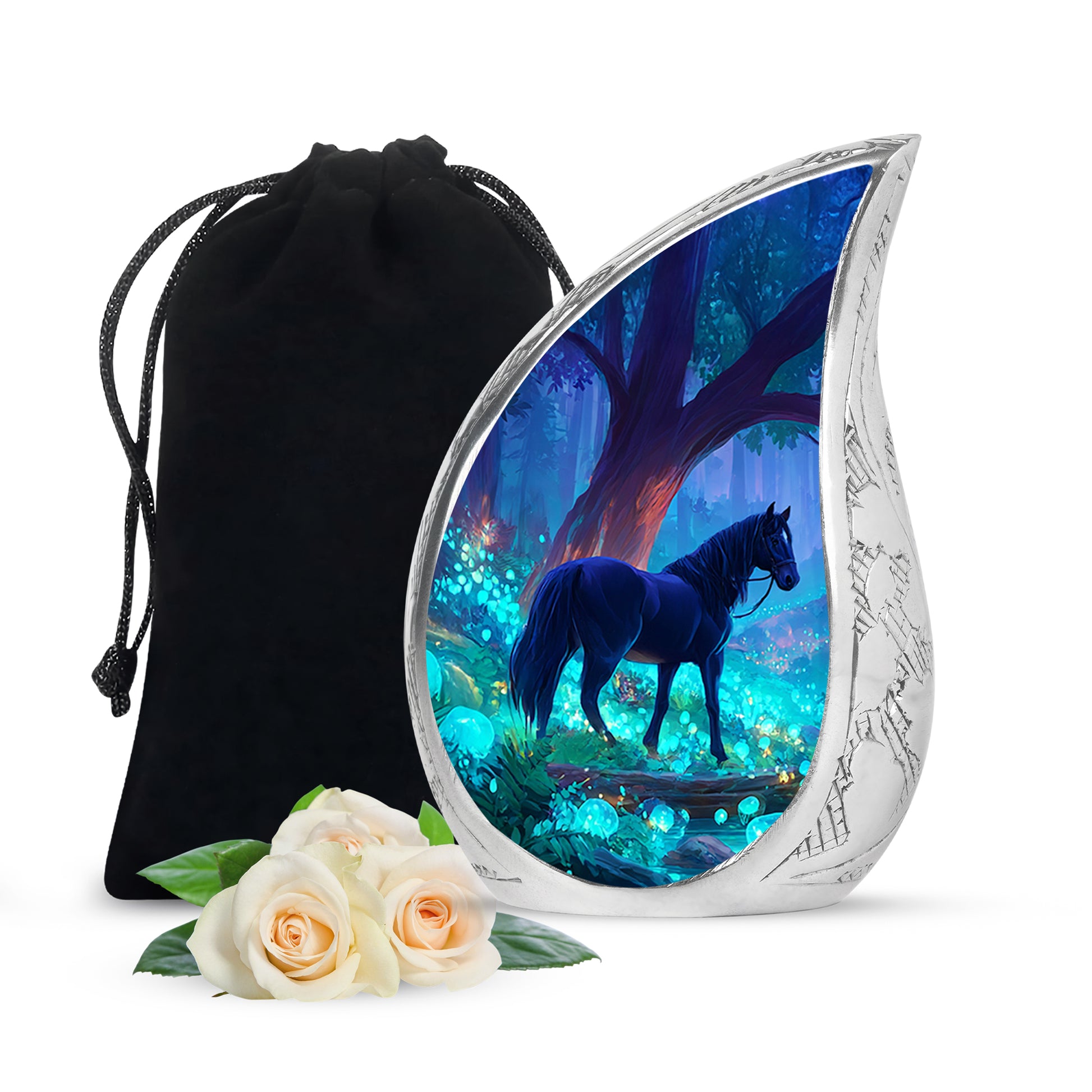 Cobalt Blue Horse Cremation Urn front view showing detailed design - smooth teardrop contour featuring horse art - full-size 10 inch 200 cubic inch adult cremation urn