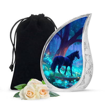 Cobalt Blue Horse Cremation Urn front view showing detailed design - smooth teardrop contour featuring horse art - full-size 10 inch 200 cubic inch adult cremation urn