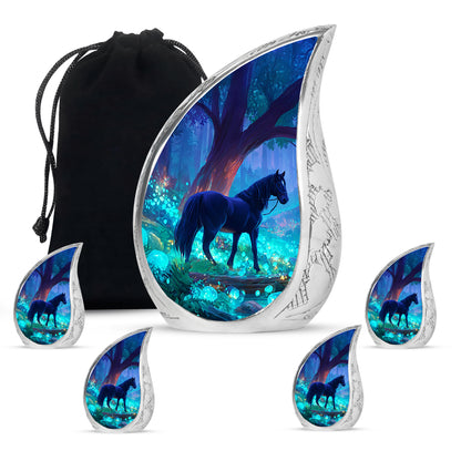 Soft Blue Horse Cremation Urn side profile showing urn shape - smooth teardrop contour featuring horse art - memorial set with one large and four small urns