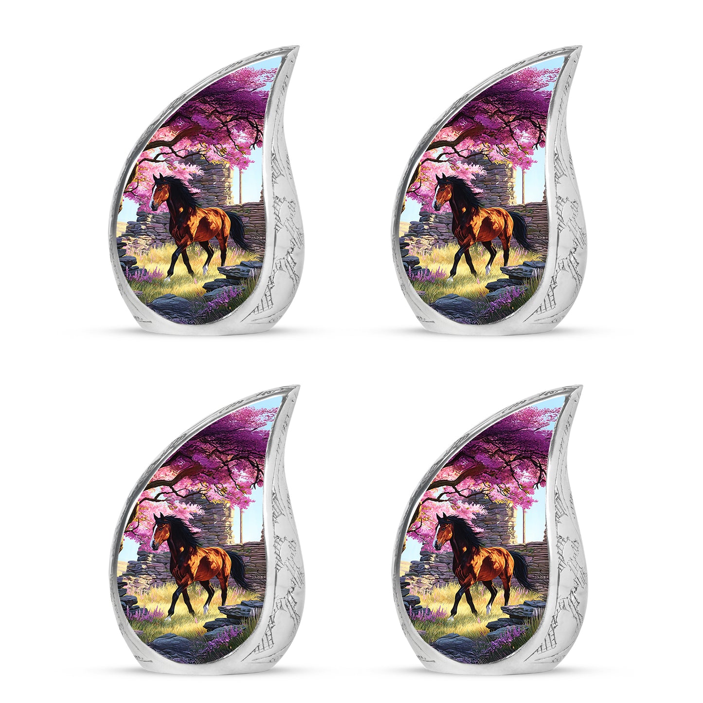 Peony Pink Horse Cremation Urn close-up of engraving and surface detail - rounded teardrop horse design with delicate detail - 10 inch aluminum urn for cremated remains