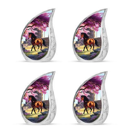 Peony Pink Horse Cremation Urn close-up of engraving and surface detail - rounded teardrop horse design with delicate detail - 10 inch aluminum urn for cremated remains