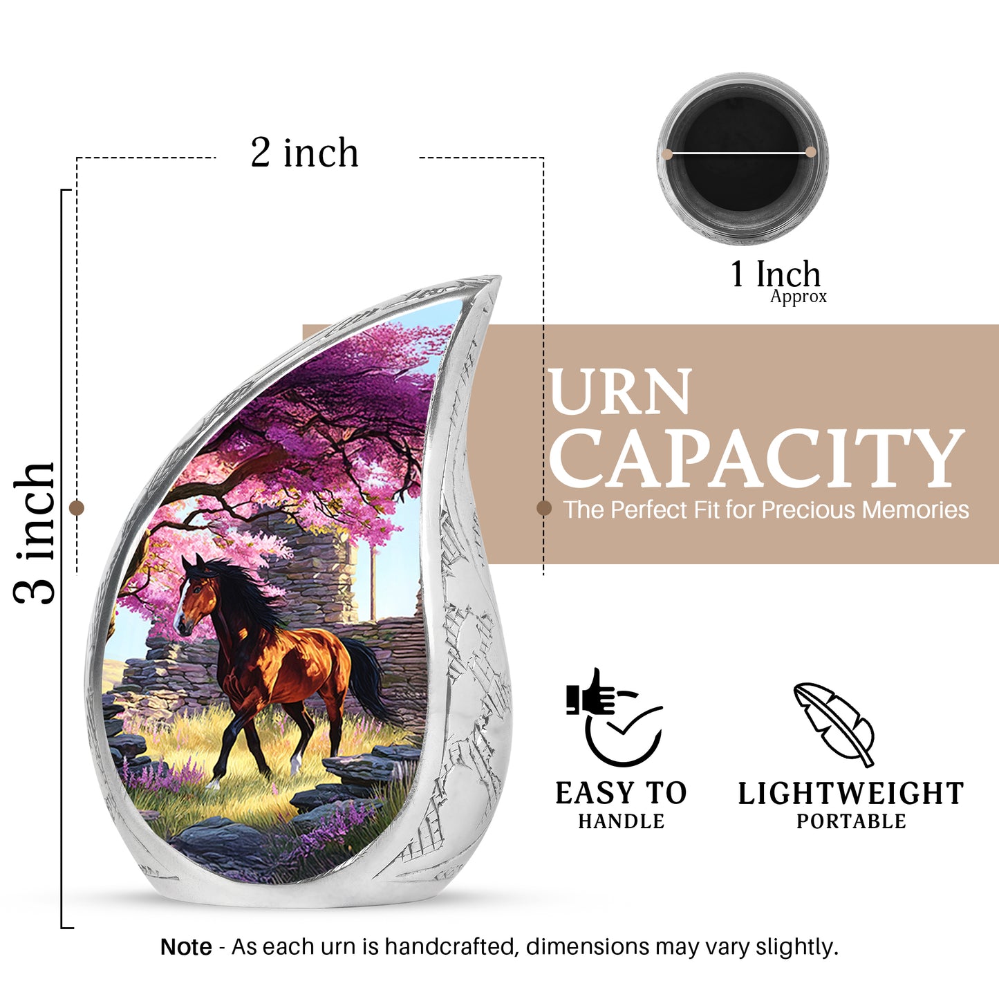 Vintage Pink Horse Cremation Urn angled view of lid and engraved motif - smooth teardrop contour featuring horse art - mini keepsake memorial for portion of cremation ashes