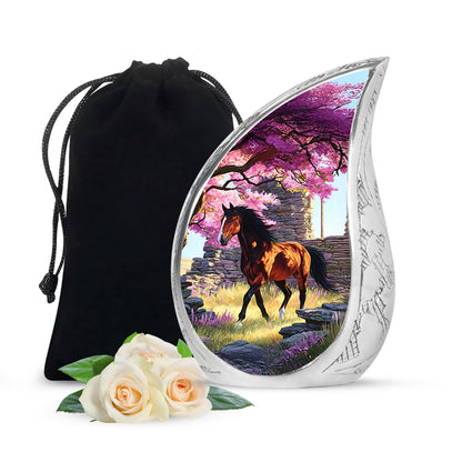 Rose Pink Horse Cremation Urn front view showing detailed design - flowing teardrop horse silhouette on curved aluminum - full-size 10 inch 200 cubic inch adult cremation urn