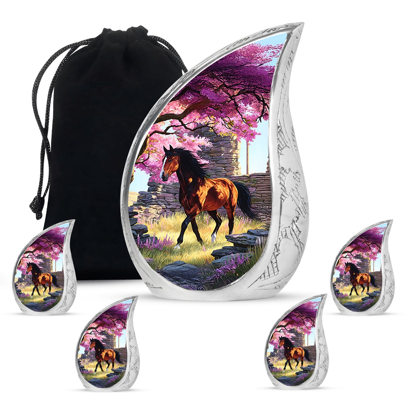 Vintage Pink Horse Cremation Urn side profile showing urn shape - graceful tear-shaped urn with horse motif - memorial set with one large and four small urns