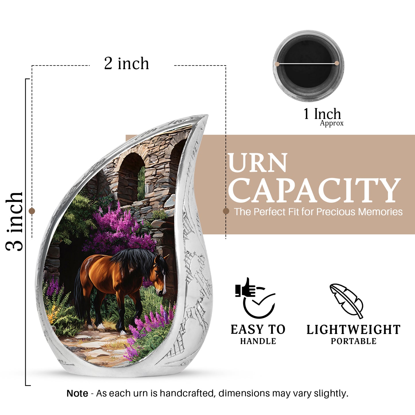 Dark Black Horse Cremation Urn angled view of lid and engraved motif - graceful tear-shaped urn with horse motif - mini keepsake memorial for portion of cremation ashes
