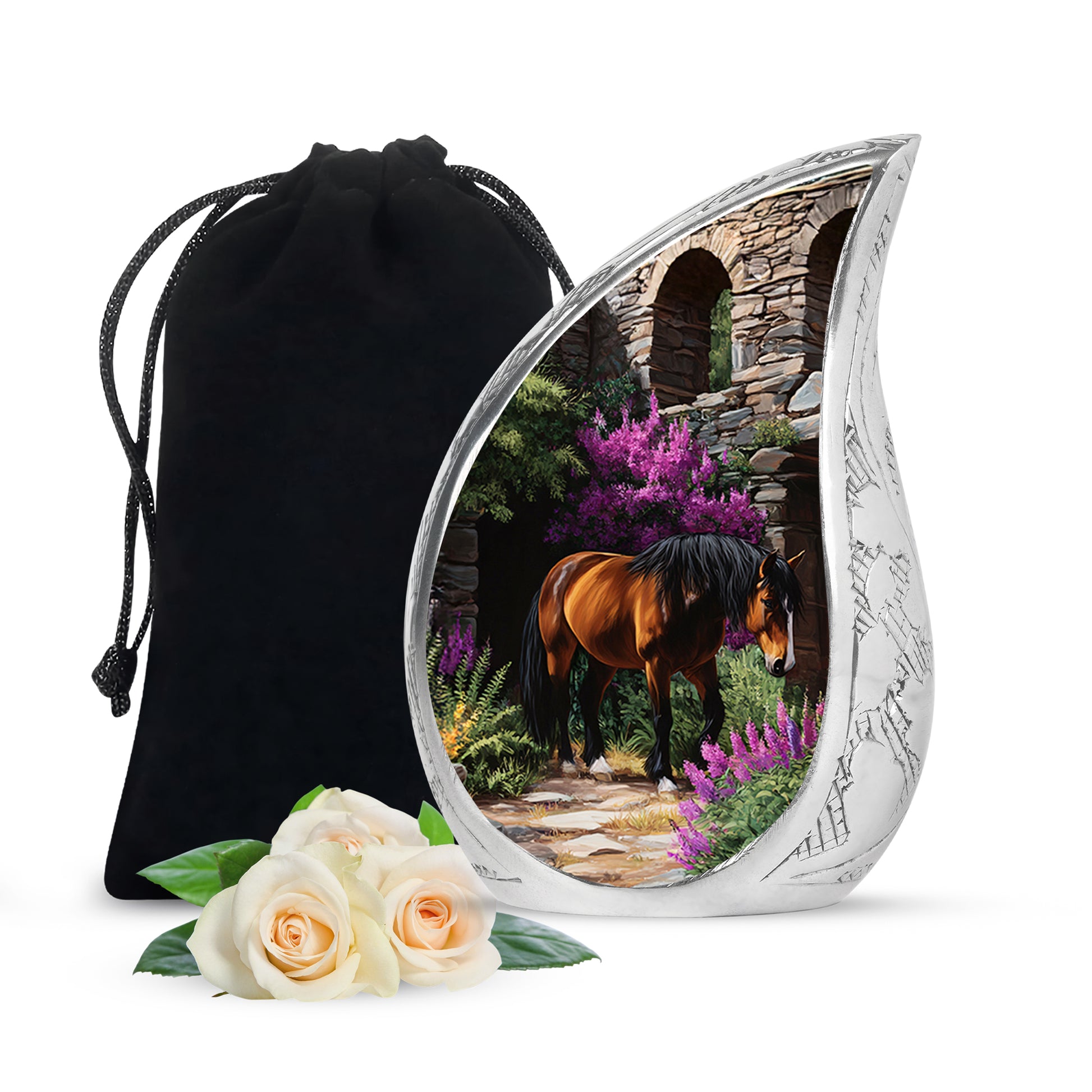 Rich Black Horse Cremation Urn front view showing detailed design - rounded teardrop horse design with delicate detail - full-size 10 inch 200 cubic inch adult cremation urn