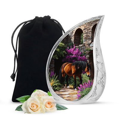 Rich Black Horse Cremation Urn front view showing detailed design - rounded teardrop horse design with delicate detail - full-size 10 inch 200 cubic inch adult cremation urn