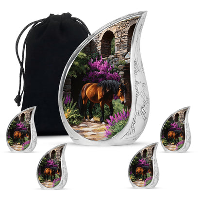 Obsidian Black Horse Cremation Urn side profile showing urn shape - graceful tear-shaped urn with horse motif - memorial set with one large and four small urns