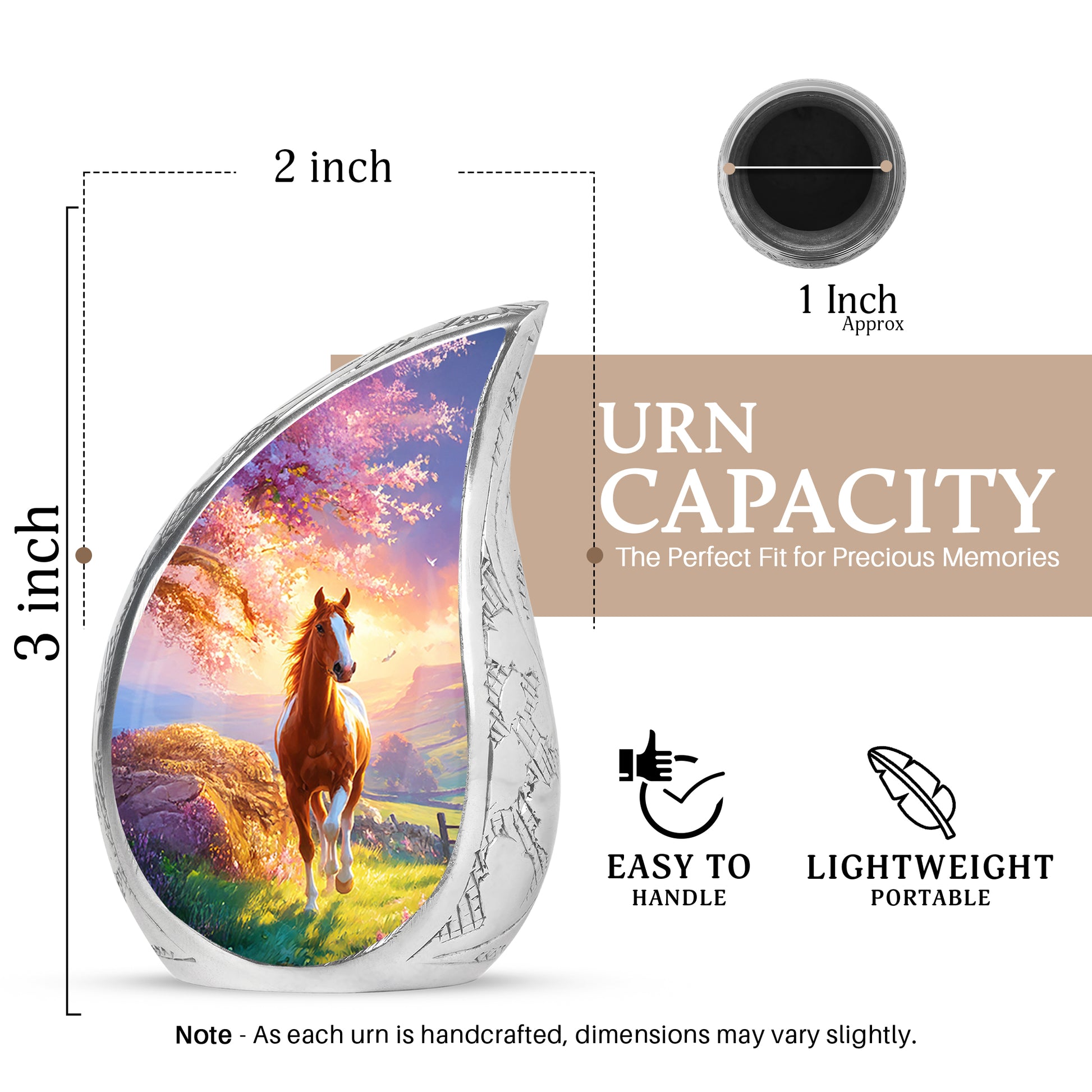 Indigo Horse Cremation Urn angled view of lid and engraved motif - flowing teardrop horse silhouette on curved aluminum - mini keepsake memorial for portion of cremation ashes