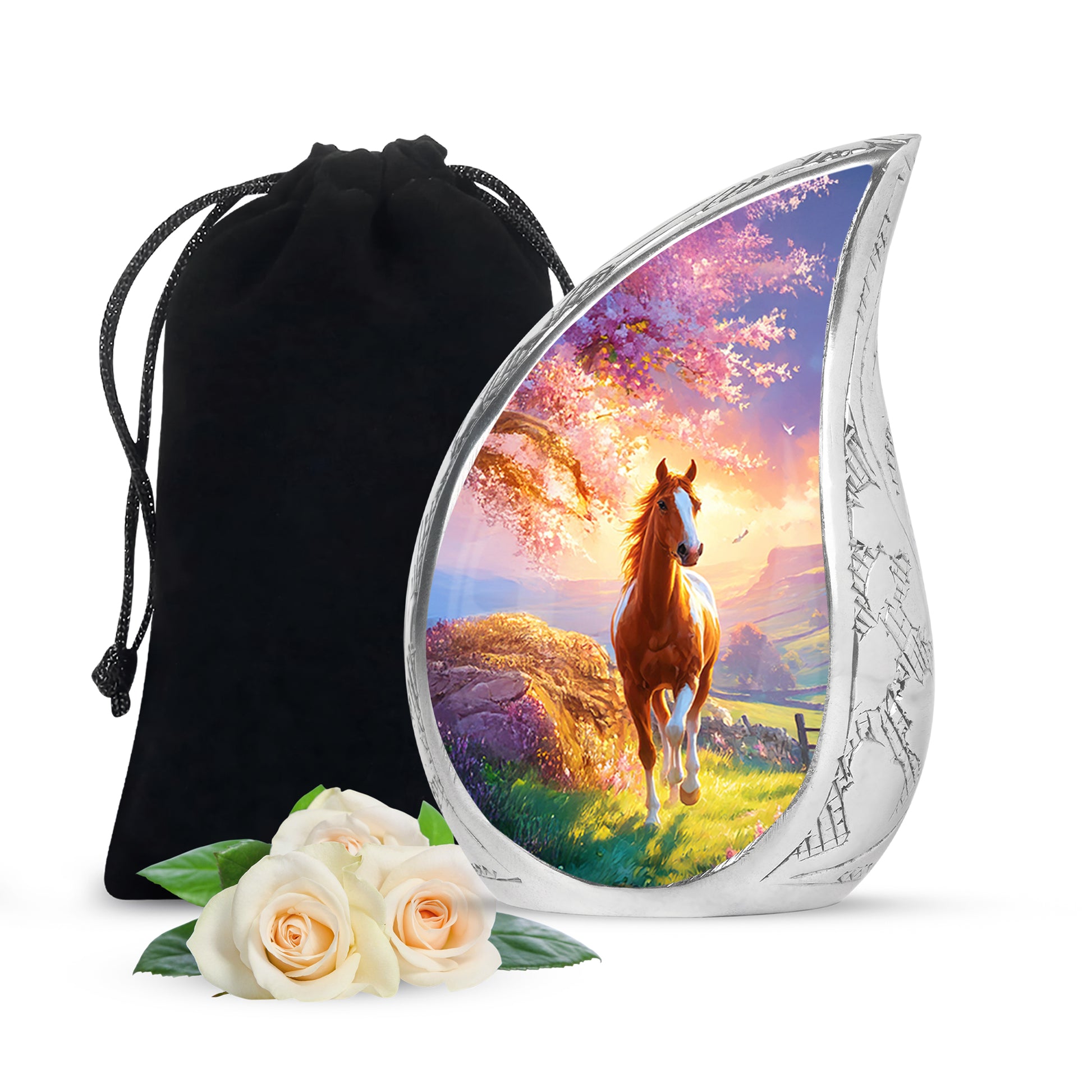 Cobalt Blue Horse Cremation Urn front view showing detailed design - smooth teardrop contour featuring horse art - full-size 10 inch 200 cubic inch adult cremation urn