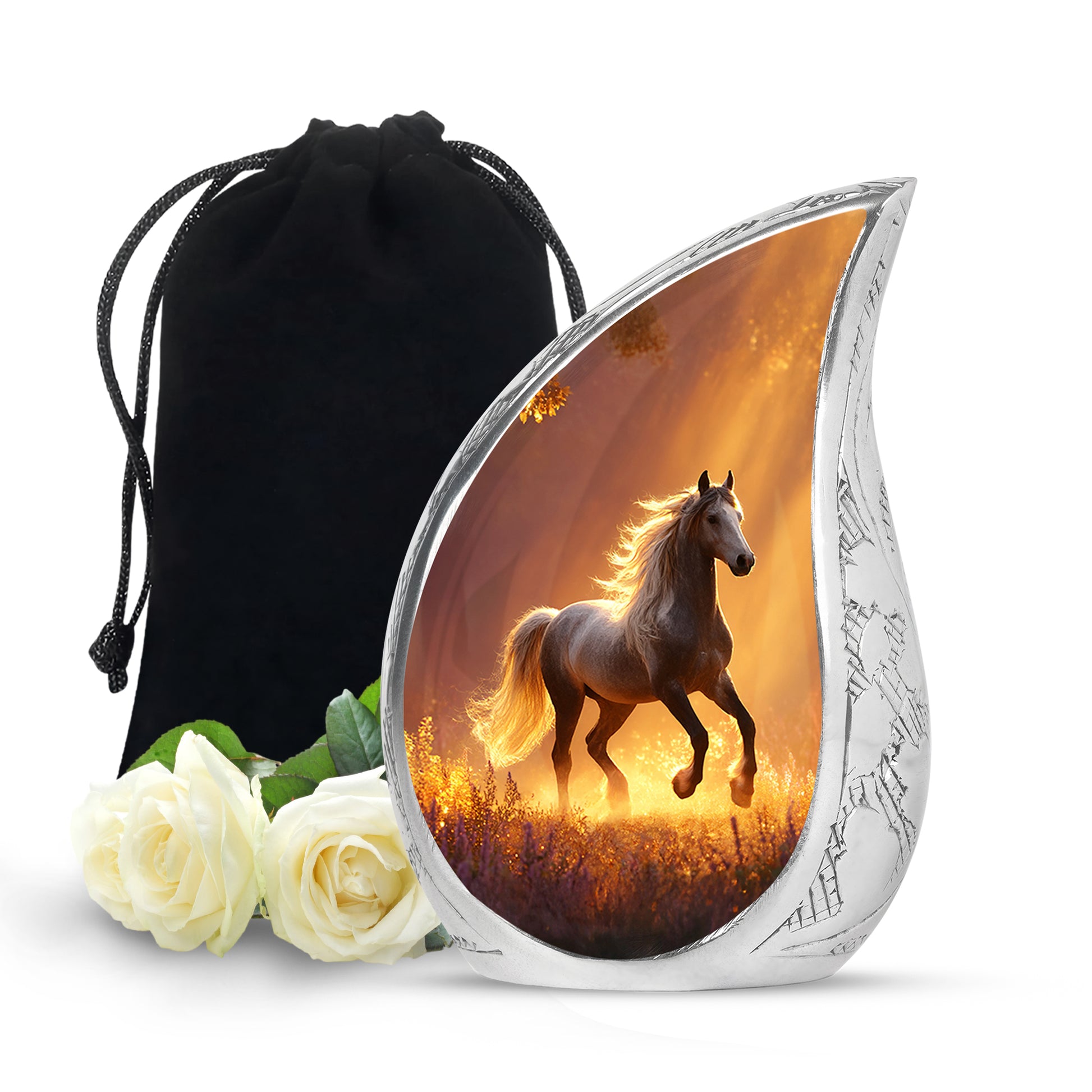 Fiery Red Horse Cremation Urn front view showing detailed design - smooth teardrop contour featuring horse art - full-size 10 inch 200 cubic inch adult cremation urn