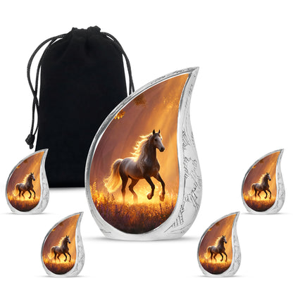 Ruby Red Horse Cremation Urn side profile showing urn shape - smooth teardrop contour featuring horse art - memorial set with one large and four small urns