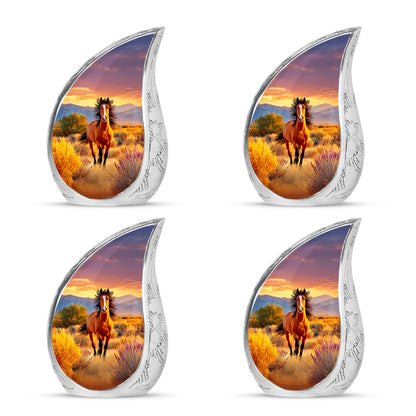 Wine Red Horse Cremation Urn close-up of engraving and surface detail - flowing teardrop horse silhouette on curved aluminum - 10 inch aluminum urn for cremated remains