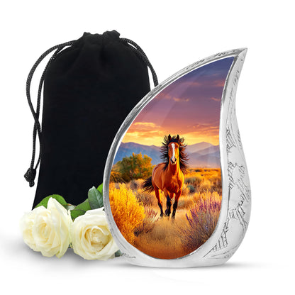 Wine Red Horse Cremation Urn front view showing detailed design - flowing teardrop horse silhouette on curved aluminum - full-size 10 inch 200 cubic inch adult cremation urn