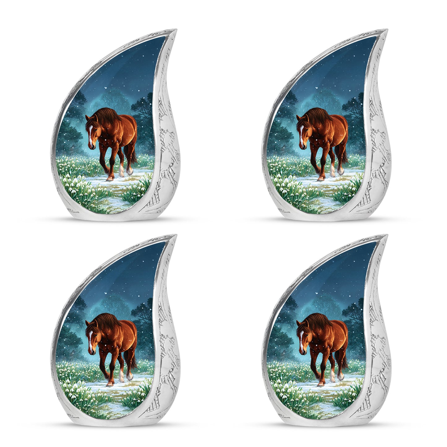 Dusty Blue Horse Cremation Urn close-up of engraving and surface detail - flowing teardrop horse silhouette on curved aluminum - 10 inch aluminum urn for cremated remains