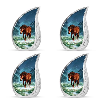 Dusty Blue Horse Cremation Urn close-up of engraving and surface detail - flowing teardrop horse silhouette on curved aluminum - 10 inch aluminum urn for cremated remains