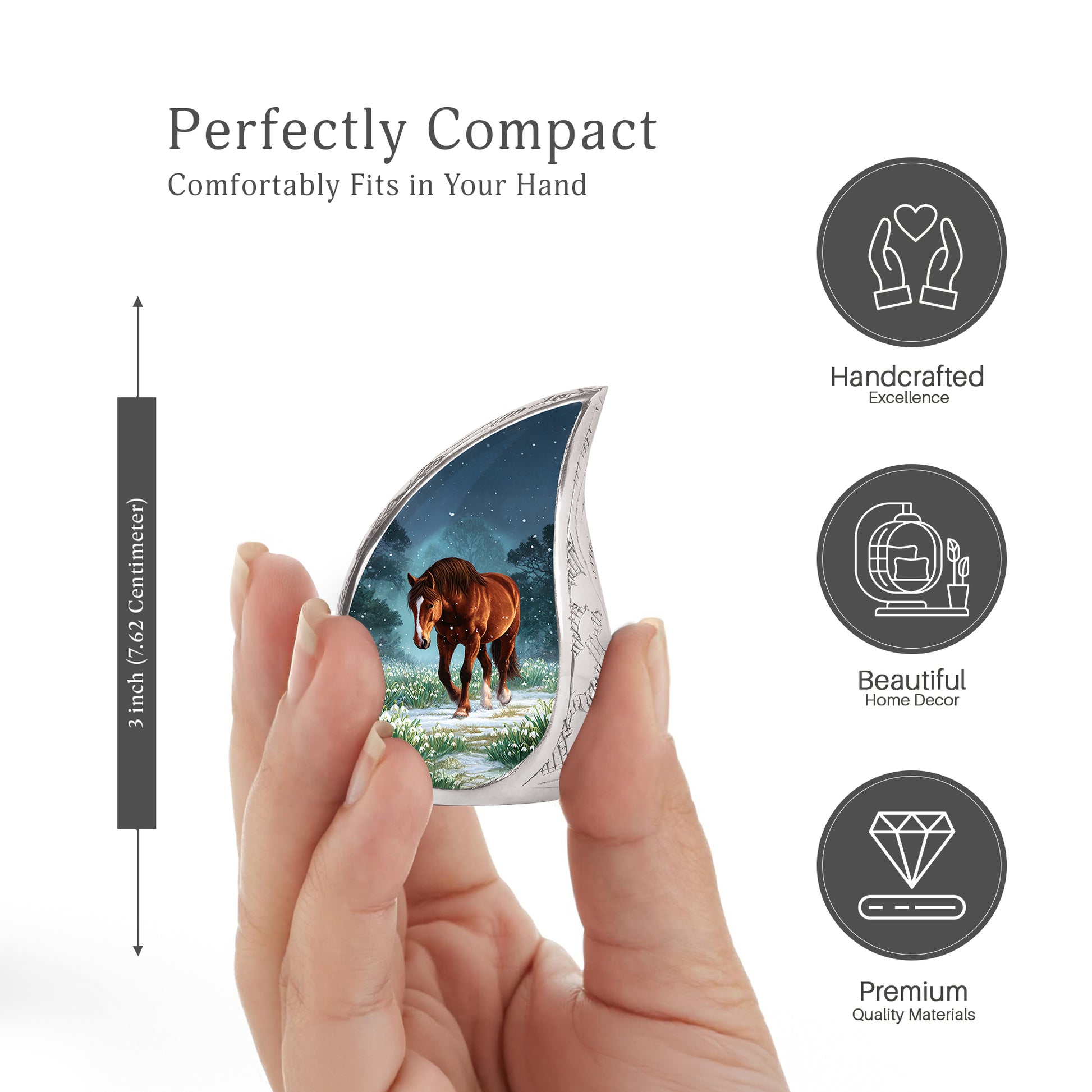 Bright Blue Horse Cremation Urn angled view of lid and engraved motif - graceful tear-shaped urn with horse motif - mini keepsake memorial for portion of cremation ashes
