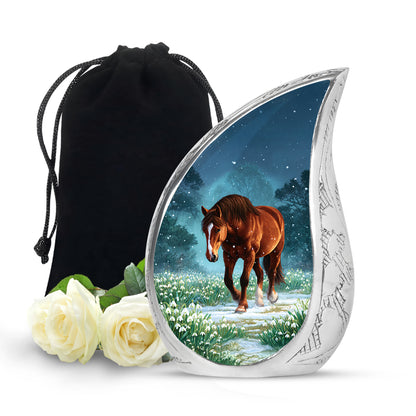 Vivid Blue Horse Cremation Urn front view showing detailed design - graceful tear-shaped urn with horse motif - full-size 10 inch 200 cubic inch adult cremation urn