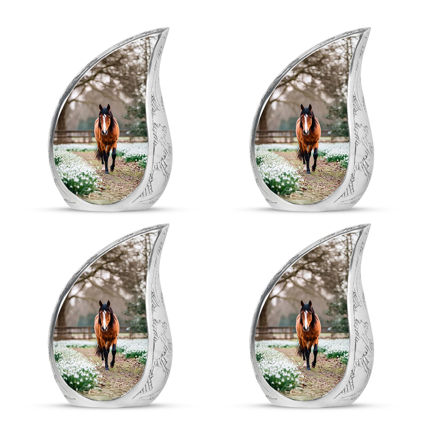 Harvest Gold Horse Cremation Urn close-up of engraving and surface detail - smooth teardrop contour featuring horse art - 10 inch aluminum urn for cremated remains