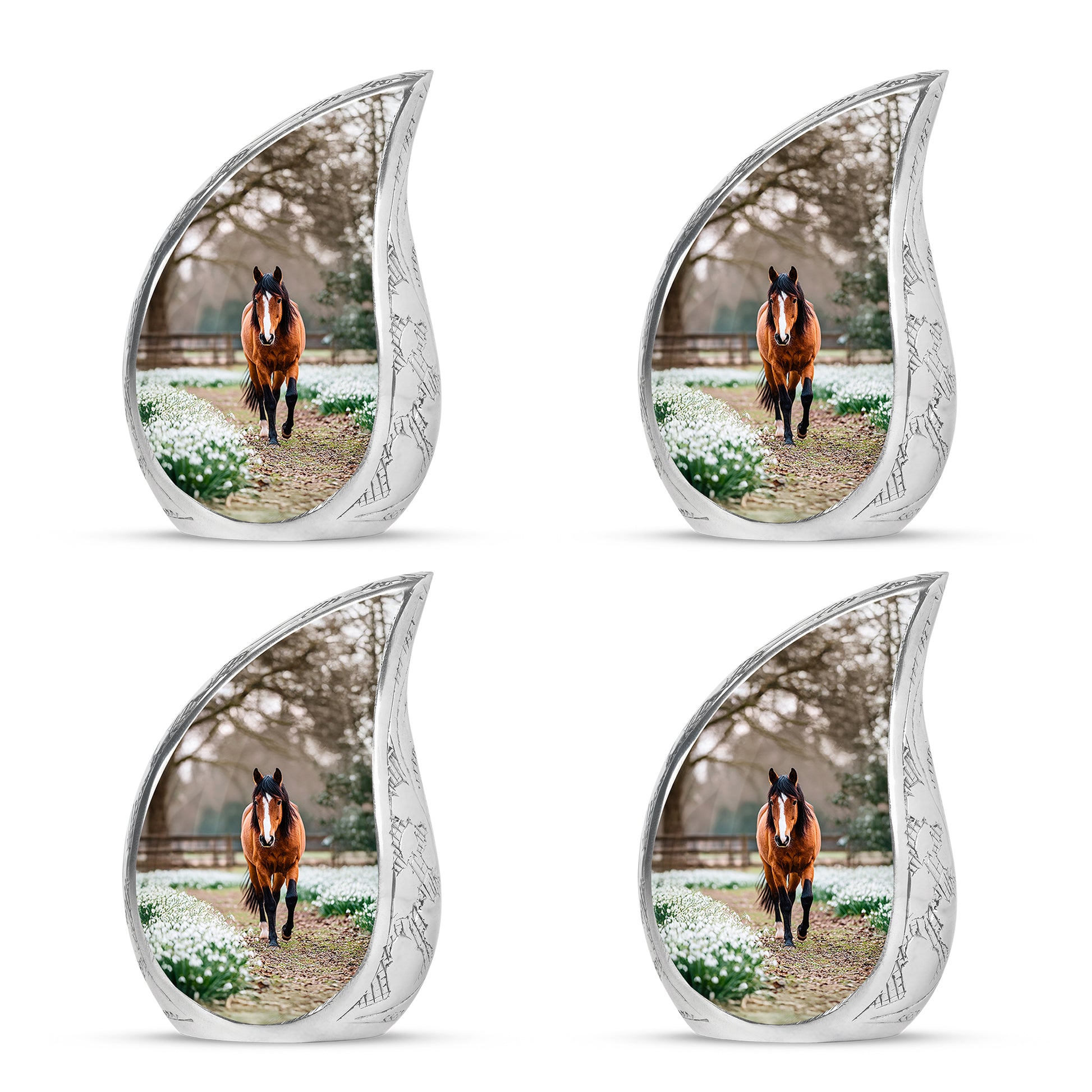 Harvest Gold Horse Cremation Urn close-up of engraving and surface detail - smooth teardrop contour featuring horse art - 10 inch aluminum urn for cremated remains