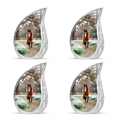 Harvest Gold Horse Cremation Urn close-up of engraving and surface detail - smooth teardrop contour featuring horse art - 10 inch aluminum urn for cremated remains