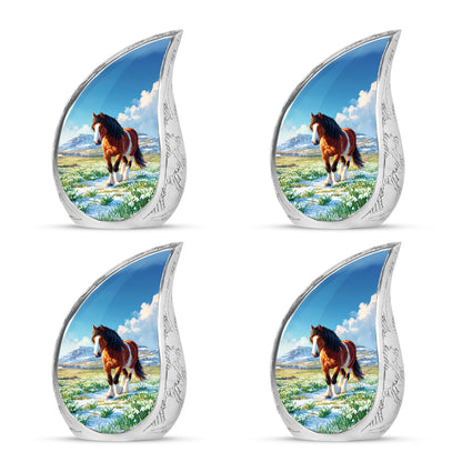 Misty Blue Horse Cremation Urn close-up of engraving and surface detail - flowing teardrop horse silhouette on curved aluminum - 10 inch aluminum urn for cremated remains