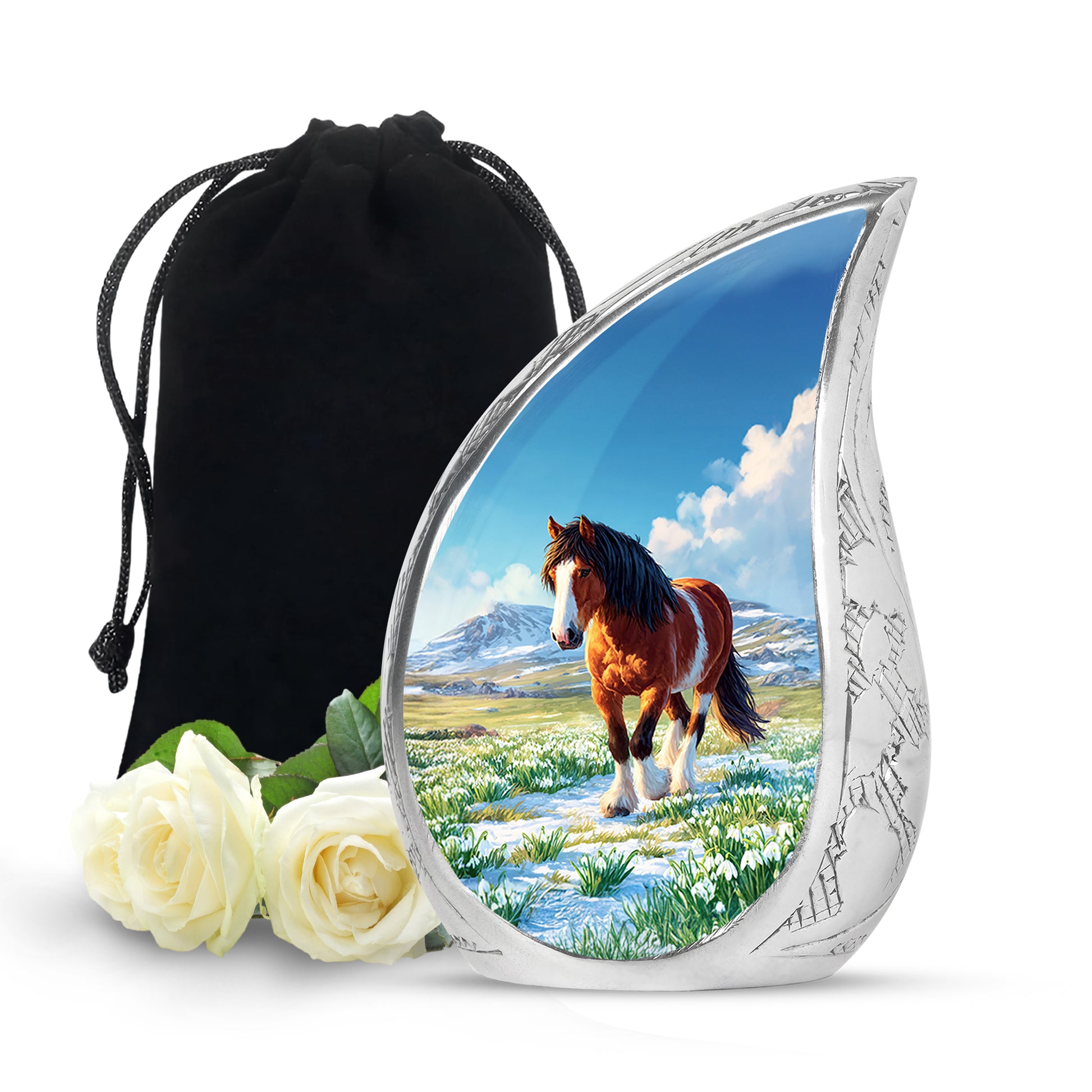 Celestial Blue Horse Cremation Urn front view showing detailed design - rounded teardrop horse design with delicate detail - full-size 10 inch 200 cubic inch adult cremation urn